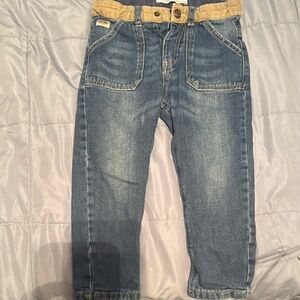 Stylish Blue Denim Jeans with Tan Waistband